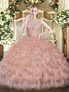 Hot Selling Ball Gowns Sweet 16 Dresses Champagne Scoop Tulle Sleeveless Floor Length Backless