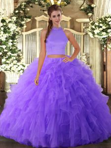 Eye-catching Lavender Halter Top Neckline Beading and Ruffles Quinceanera Dress Sleeveless Backless