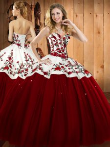 Wine Red Sleeveless Satin and Tulle Lace Up Quince Ball Gowns for Military Ball and Sweet 16 and Quinceanera