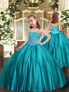 Eye-catching Satin Straps Sleeveless Zipper Beading Pageant Dress in Teal