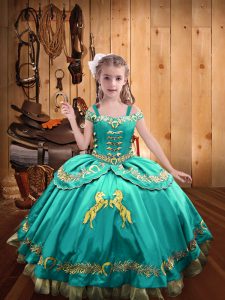 Elegant Satin Off The Shoulder Sleeveless Lace Up Beading and Embroidery Pageant Gowns For Girls in Aqua Blue