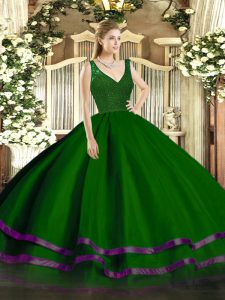 Latest Dark Green V-neck Neckline Beading and Lace and Ruffled Layers 15 Quinceanera Dress Sleeveless Backless