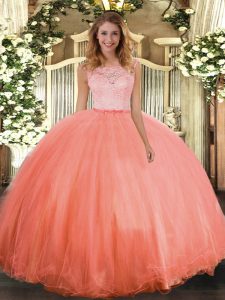 Most Popular Orange Red Sleeveless Tulle Clasp Handle Quinceanera Gowns for Military Ball and Sweet 16 and Quinceanera