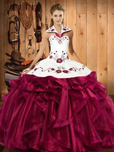 New Style Ball Gowns Quinceanera Dress Fuchsia Halter Top Satin and Organza Sleeveless Floor Length Lace Up