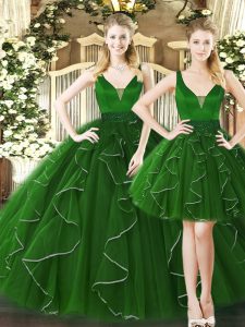 Perfect Sleeveless Tulle Floor Length Lace Up 15 Quinceanera Dress in Dark Green with Ruffles