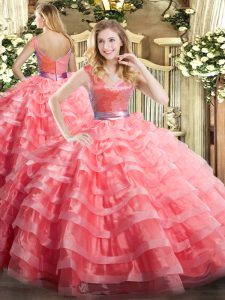 Hot Sale Watermelon Red Ball Gowns V-neck Sleeveless Organza Floor Length Zipper Ruffled Layers Quinceanera Gowns