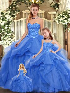 Floor Length Blue Quince Ball Gowns Organza Sleeveless Beading and Ruffles