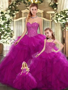 Romantic Fuchsia Ball Gowns Beading and Ruffles Quinceanera Dresses Lace Up Organza Sleeveless Floor Length