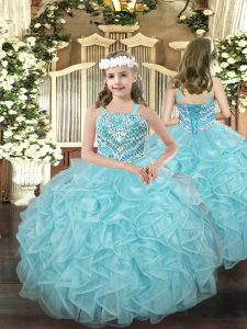 Light Blue Lace Up Straps Beading and Ruffles Little Girl Pageant Dress Organza Sleeveless