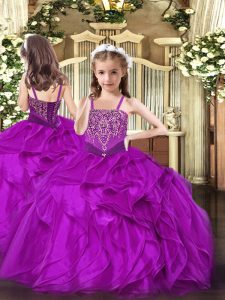 Hot Selling Floor Length Fuchsia Child Pageant Dress Straps Sleeveless Lace Up