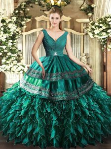 Sleeveless Organza Floor Length Backless Sweet 16 Dresses in Turquoise with Beading and Ruffles