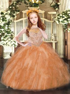 Best Tulle Sleeveless Floor Length High School Pageant Dress and Beading and Ruffles