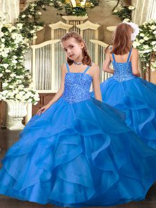 Perfect Blue Lace Up Little Girls Pageant Gowns Beading and Ruffles Sleeveless Floor Length