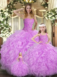 Sleeveless Organza Floor Length Lace Up Quinceanera Gowns in Lilac with Beading and Ruffles