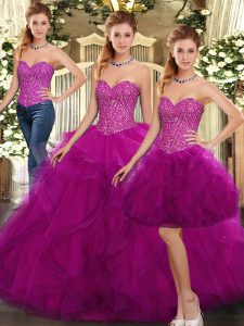 Sweetheart Sleeveless Quince Ball Gowns Floor Length Beading and Ruffles Fuchsia Organza