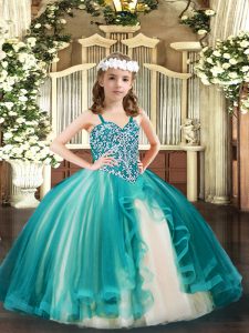 Teal Ball Gowns Beading Pageant Gowns Lace Up Tulle Sleeveless Floor Length