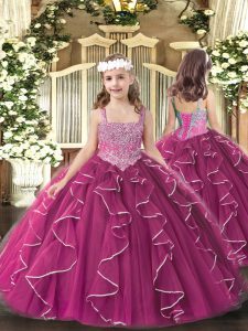 Adorable Floor Length Lace Up Pageant Gowns For Girls Fuchsia for Party and Sweet 16 and Quinceanera and Wedding Party with Beading and Ruffles