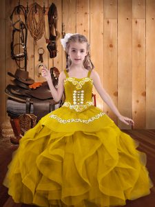 On Sale Gold Straps Lace Up Embroidery and Ruffles Little Girls Pageant Dress Wholesale Sleeveless