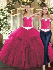 Custom Design Ball Gowns Sweet 16 Dresses Fuchsia Sweetheart Tulle Sleeveless Floor Length Lace Up