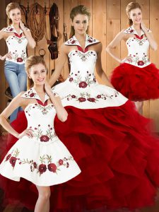 Lovely Ball Gowns 15th Birthday Dress Wine Red Halter Top Satin and Organza Sleeveless Floor Length Lace Up