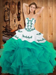 Suitable Floor Length Turquoise Sweet 16 Quinceanera Dress Satin and Organza Sleeveless Embroidery and Ruffles