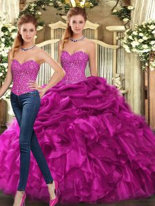 Chic Fuchsia Organza Lace Up Sweet 16 Dresses Sleeveless Floor Length Beading and Ruffles