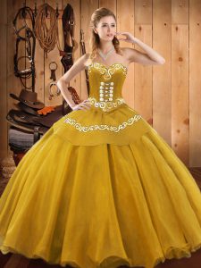 Adorable Sleeveless Satin and Tulle Floor Length Lace Up Vestidos de Quinceanera in Gold with Embroidery