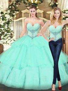 Deluxe Apple Green Organza Lace Up Quinceanera Dress Sleeveless Floor Length Beading and Ruffled Layers