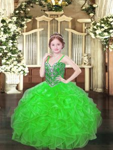 Sleeveless Floor Length Beading and Ruffles Lace Up Little Girls Pageant Dress with