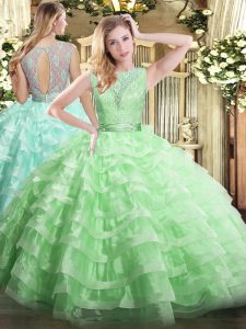 Sexy Scoop Sleeveless Quinceanera Dresses Floor Length Lace and Ruffled Layers Apple Green Organza