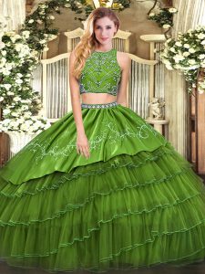 Olive Green High-neck Zipper Beading and Embroidery and Ruffled Layers 15 Quinceanera Dress Sleeveless