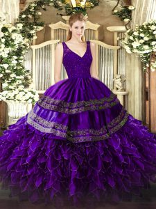 V-neck Sleeveless Organza Sweet 16 Dresses Beading and Lace and Ruffles Backless