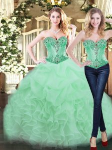 Glamorous Floor Length Lace Up 15th Birthday Dress Apple Green for Military Ball and Sweet 16 and Quinceanera with Ruffles