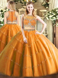 Most Popular Orange Tulle Zipper Scoop Sleeveless Floor Length Sweet 16 Dress Beading