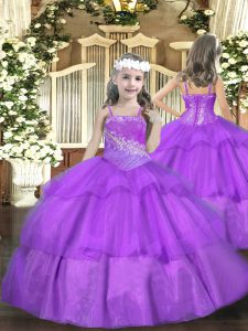 Discount Purple Ball Gowns Beading and Ruffled Layers Kids Formal Wear Lace Up Organza Sleeveless Floor Length