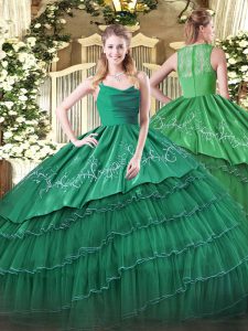 Dark Green Quinceanera Gowns Military Ball and Sweet 16 and Quinceanera with Embroidery and Ruffled Layers Straps Sleeveless Zipper