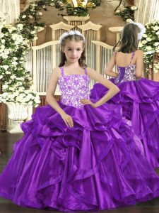 High Quality Sleeveless Organza Floor Length Lace Up Little Girls Pageant Dress Wholesale in Eggplant Purple with Beading and Ruffles