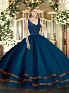 Exquisite Tulle V-neck Sleeveless Zipper Beading and Ruffled Layers Sweet 16 Dresses in Navy Blue