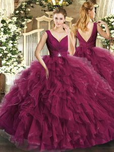 Beading and Ruffles 15 Quinceanera Dress Fuchsia Backless Sleeveless Floor Length