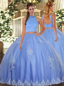 Custom Designed Ball Gowns Quince Ball Gowns Baby Blue Halter Top Tulle Sleeveless Floor Length Backless