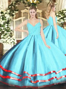 Aqua Blue Organza Zipper Spaghetti Straps Sleeveless Floor Length Sweet 16 Dresses Ruffled Layers