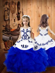 Dazzling Floor Length Royal Blue Little Girl Pageant Dress Organza Sleeveless Embroidery and Ruffles