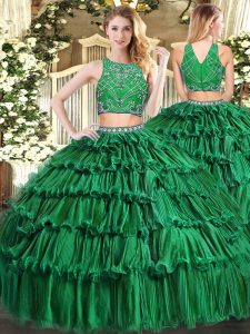 Gorgeous Dark Green Two Pieces Tulle High-neck Sleeveless Beading and Appliques and Ruffled Layers Floor Length Zipper Vestidos de Quinceanera