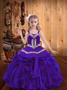 Purple Organza Lace Up Little Girls Pageant Dress Wholesale Sleeveless Floor Length Embroidery and Ruffles