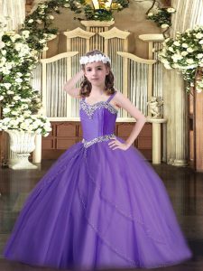 On Sale Lavender Ball Gowns Tulle Straps Sleeveless Beading Lace Up Little Girls Pageant Gowns Sweep Train