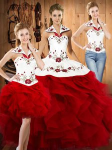 Wine Red Lace Up 15 Quinceanera Dress Embroidery and Ruffles Sleeveless Floor Length