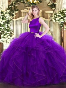 Smart Purple Ball Gowns Scoop Sleeveless Organza Floor Length Clasp Handle Ruffles Ball Gown Prom Dress