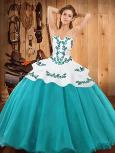 Eye-catching Teal Ball Gowns Satin and Organza Strapless Sleeveless Embroidery Floor Length Lace Up Quinceanera Dress