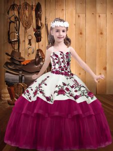 Ball Gowns Pageant Gowns For Girls Fuchsia Straps Organza Sleeveless Floor Length Lace Up