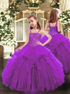 Superior Floor Length Lace Up Pageant Dress Womens Purple for Party and Sweet 16 and Quinceanera and Wedding Party with Beading and Ruffles